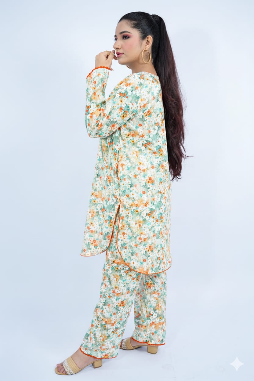 Orange Flocks Lawn Stitched Co-Ord Set