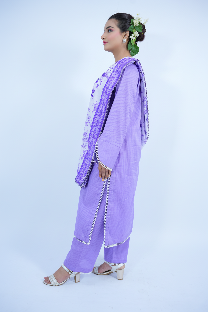Lilac Bloom Stitched Lawn 3 Pcs Suit