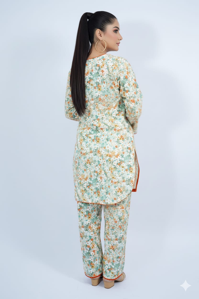 Orange Flocks Lawn Stitched Co-Ord Set